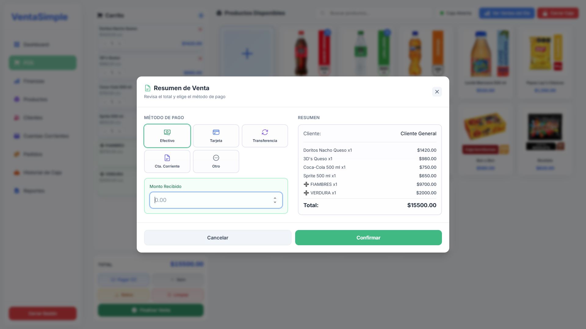 Pantalla de finalización de venta en VentaSimple con ticket, forma de pago y vuelto